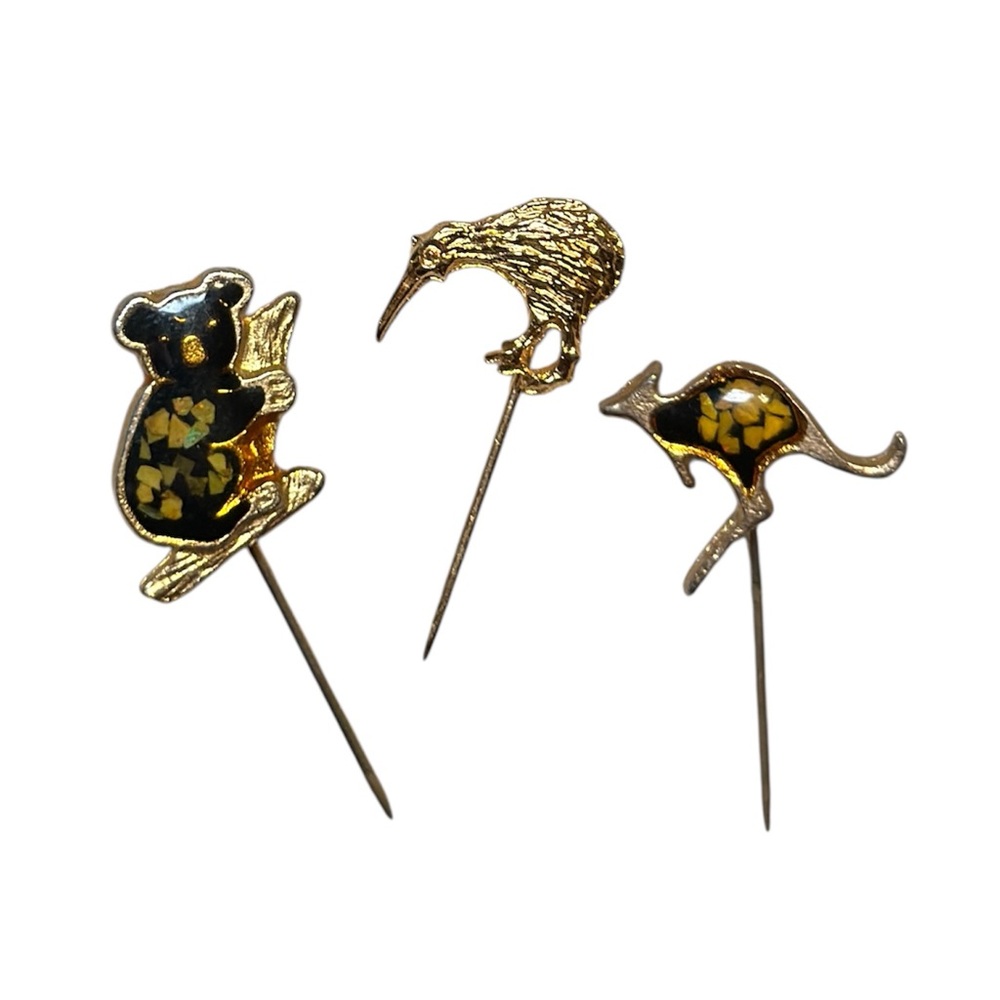 Vintage Koala Bear Kangaroo Kiwi Bird Stick Pin Set of 3 Gold Tone / Opal Inlay